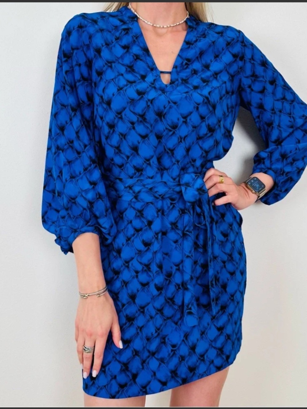 Diane Von Furstenberg Blue Patterned Long-Sleeve Wrap Dress